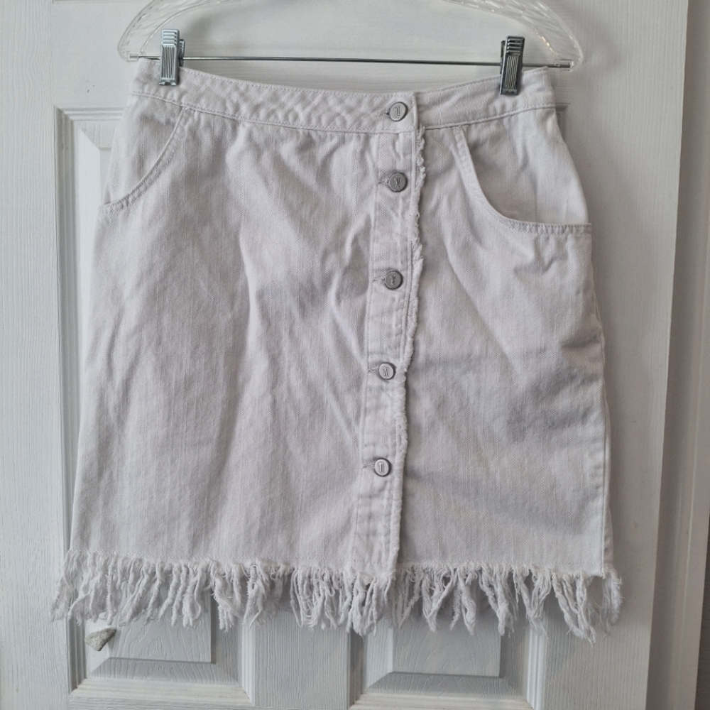 Free People White Denim Button Up Fringe Skirt Measures To Sz S Hippie Boho